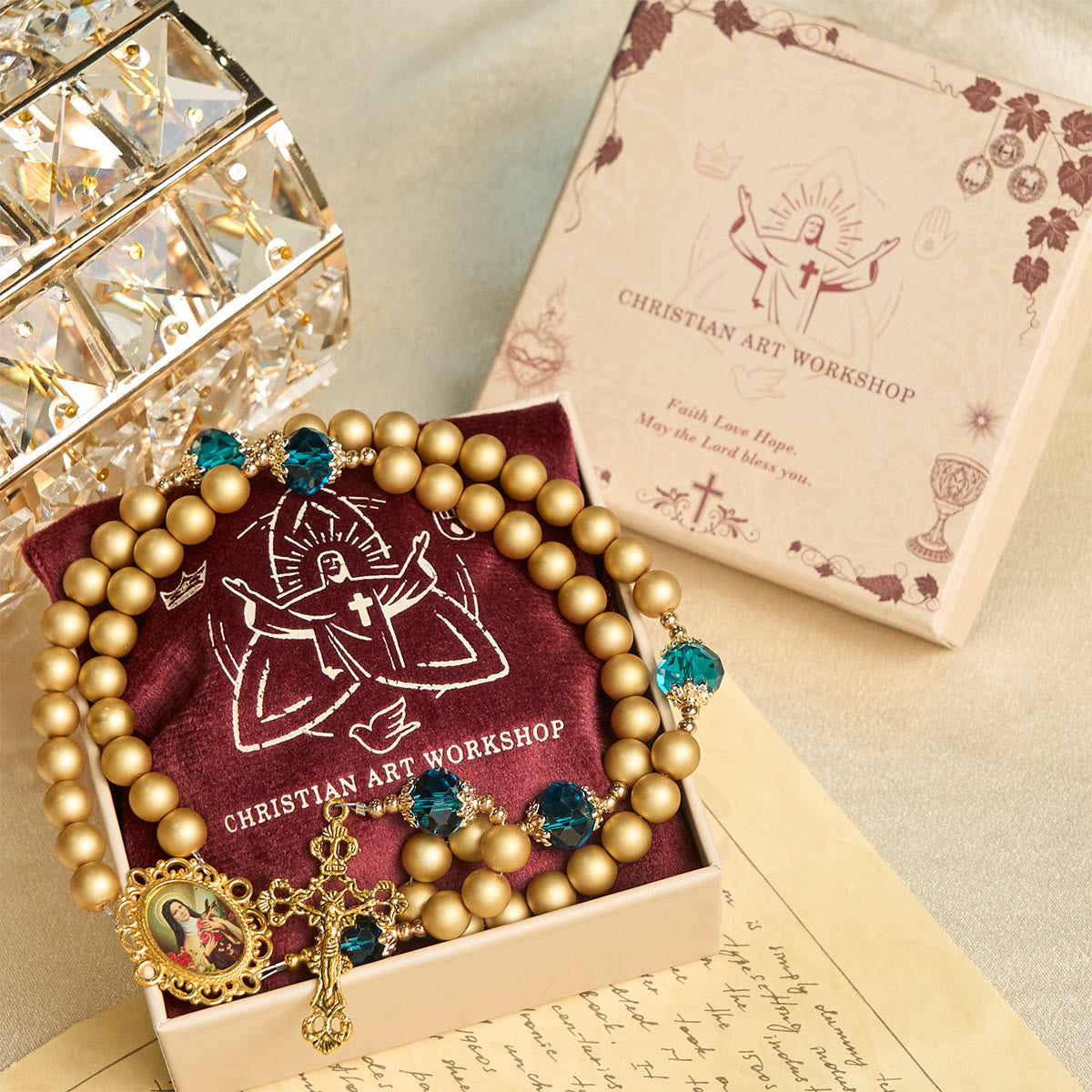 Elegant Matte Golden Pearl Rosary with St. Therese and Crucifix