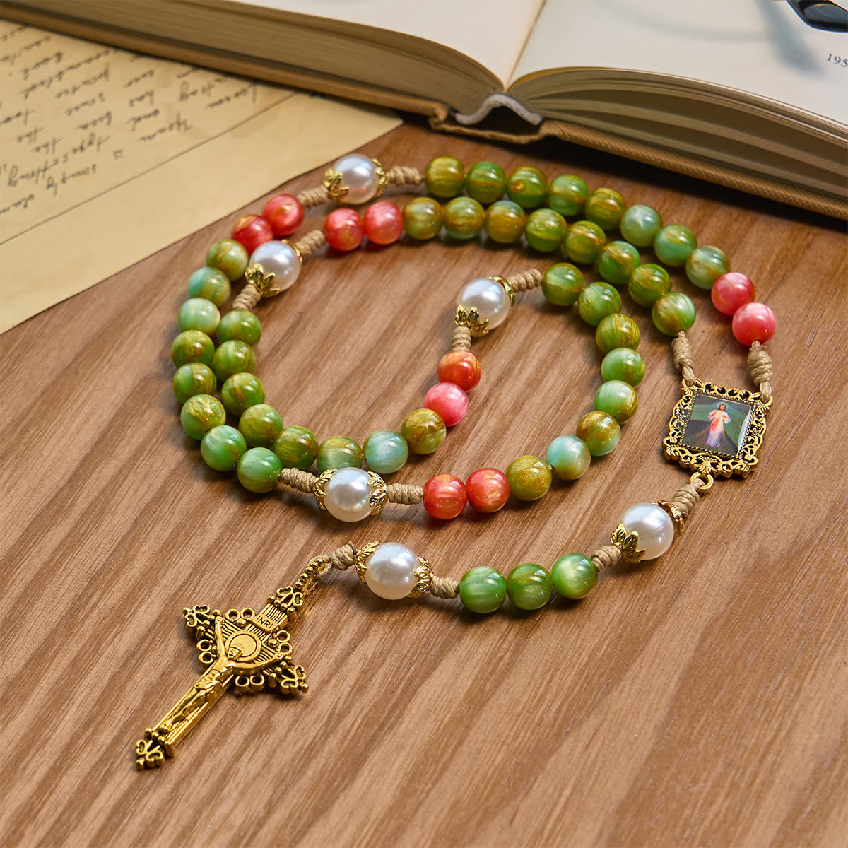 Handcrafted Christmas Blessings Divine Mercy Rosary with Red Green Beads and Bronze Crucifix