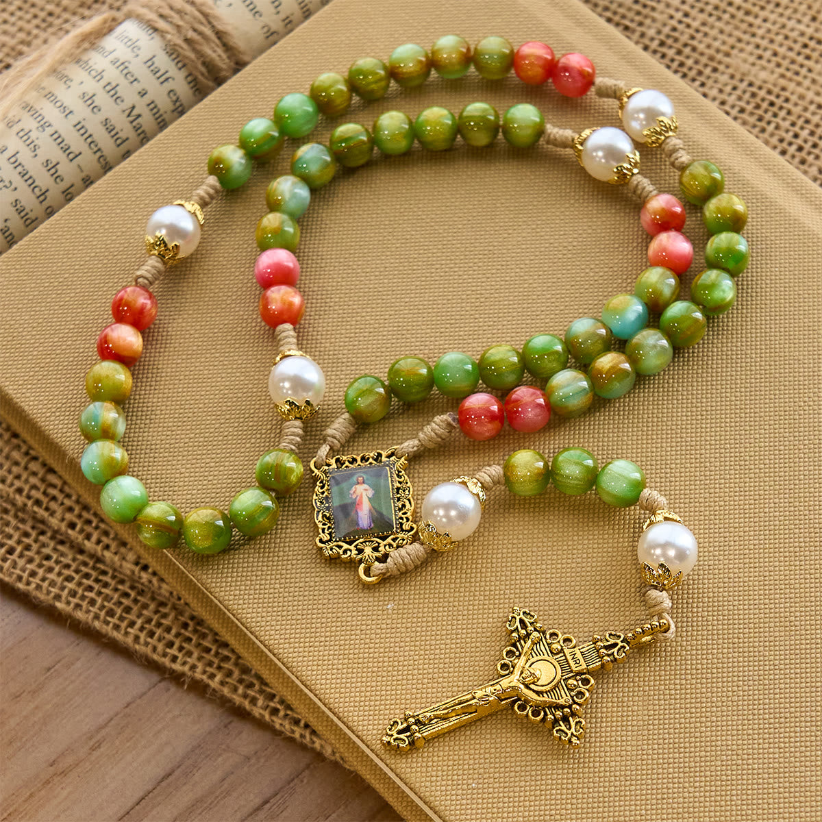 Handcrafted Christmas Blessings Divine Mercy Rosary with Red Green Beads and Bronze Crucifix