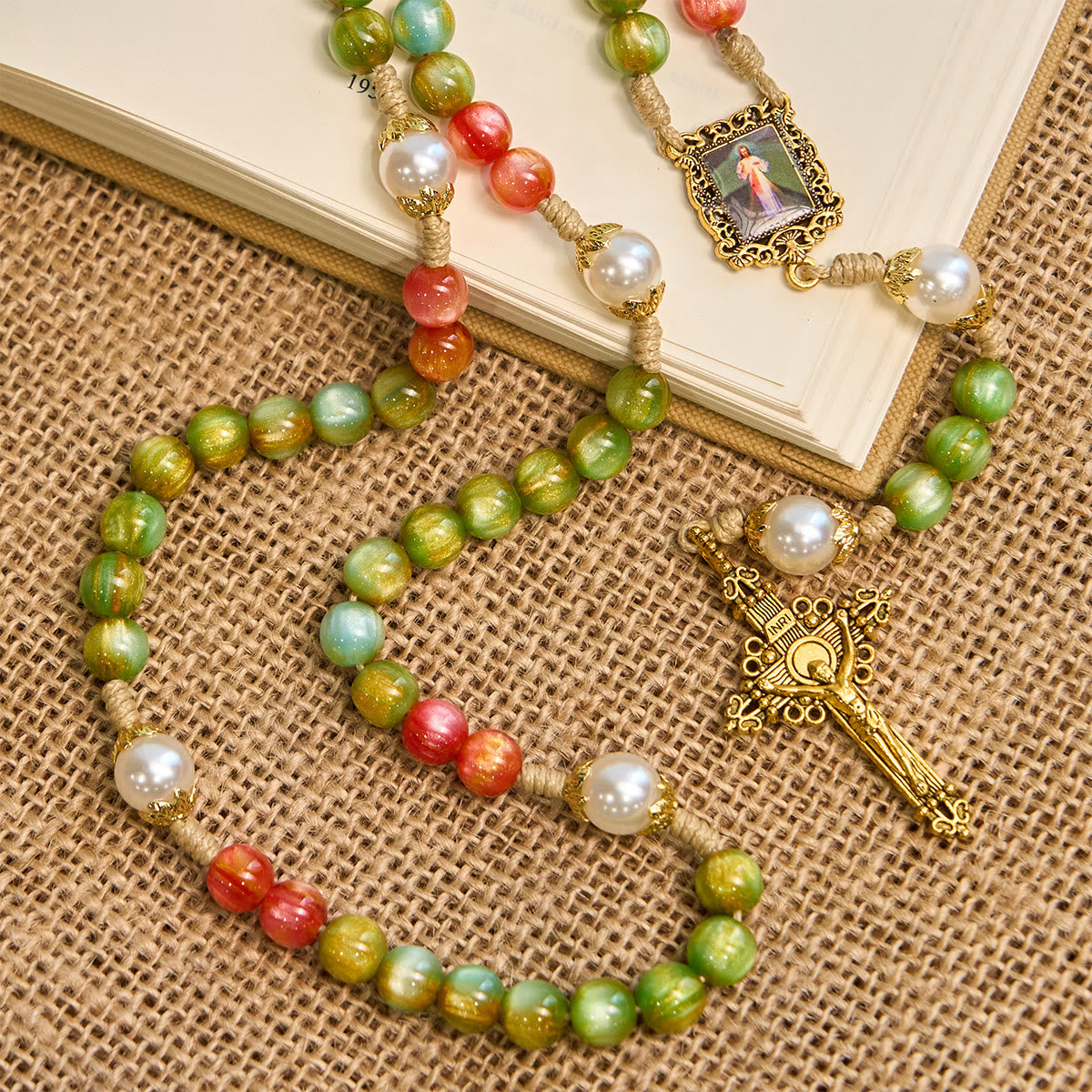 Handcrafted Christmas Blessings Divine Mercy Rosary with Red Green Beads and Bronze Crucifix
