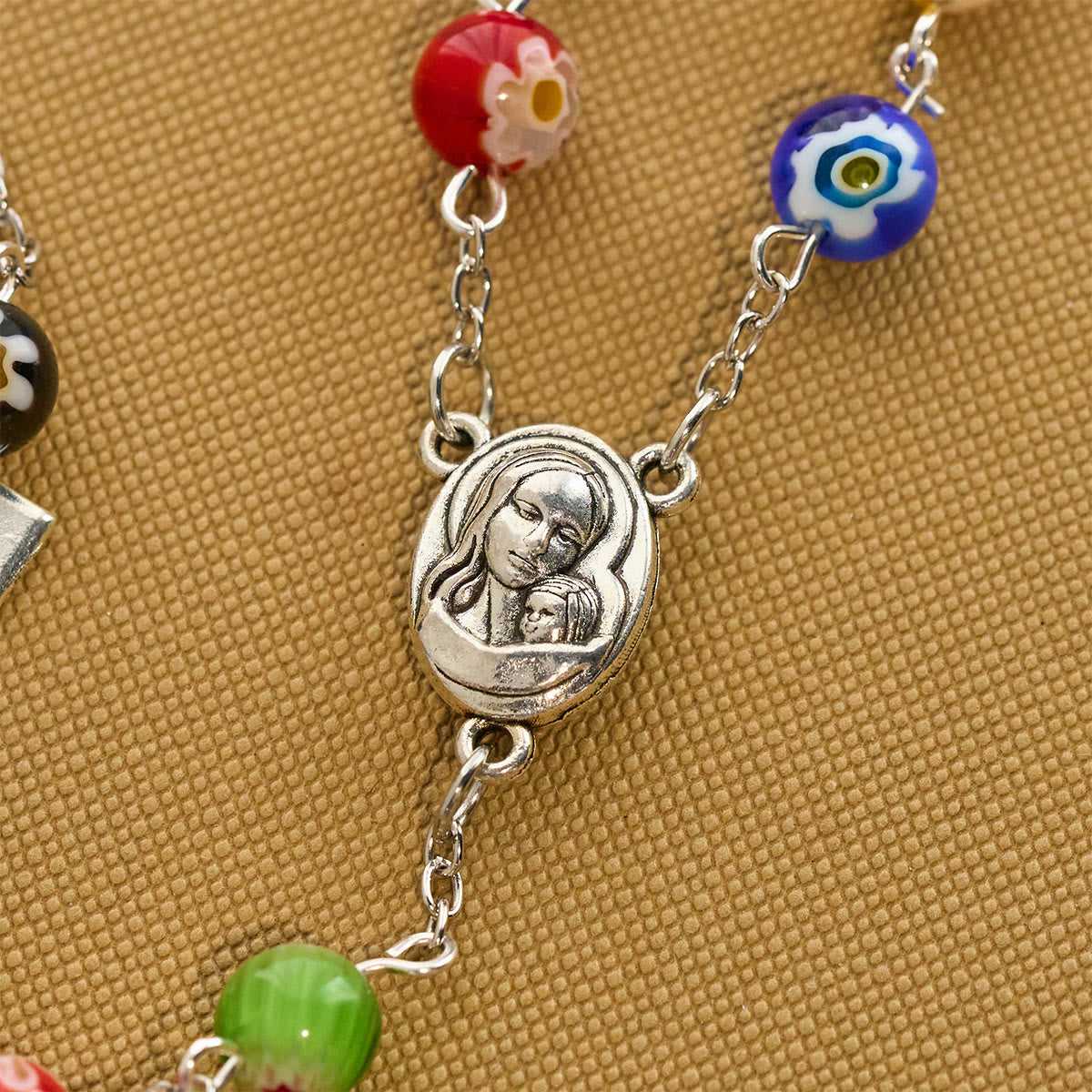Multicolored Vibrant Flower Pattern Murano Beads Rosary with Madonna and Child