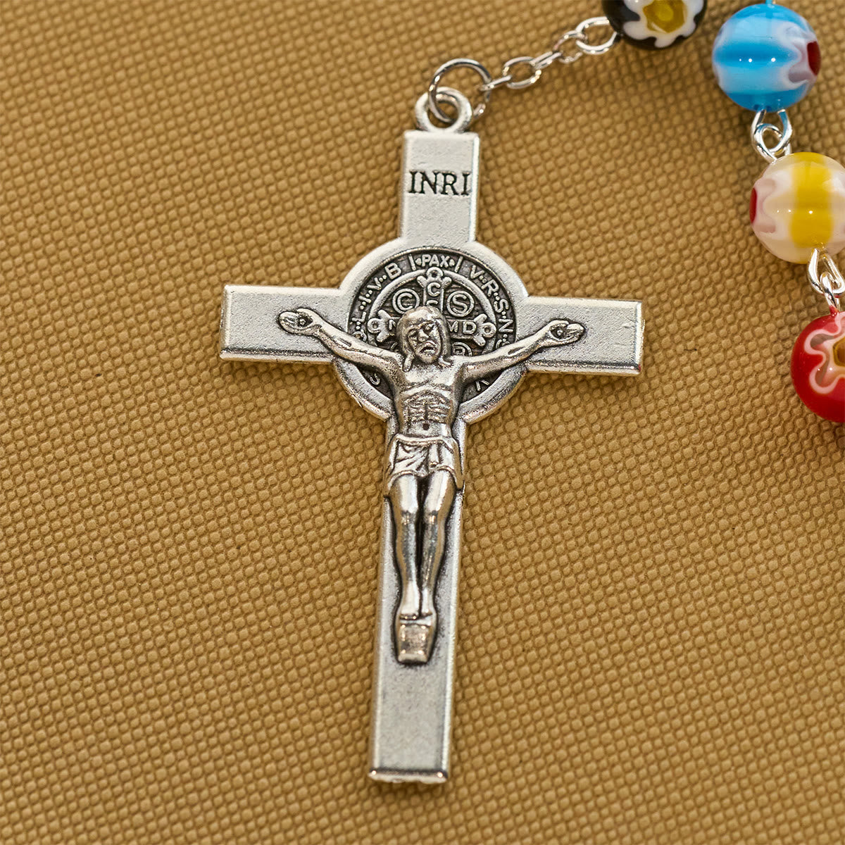 Multicolored Vibrant Flower Pattern Murano Beads Rosary with Madonna and Child