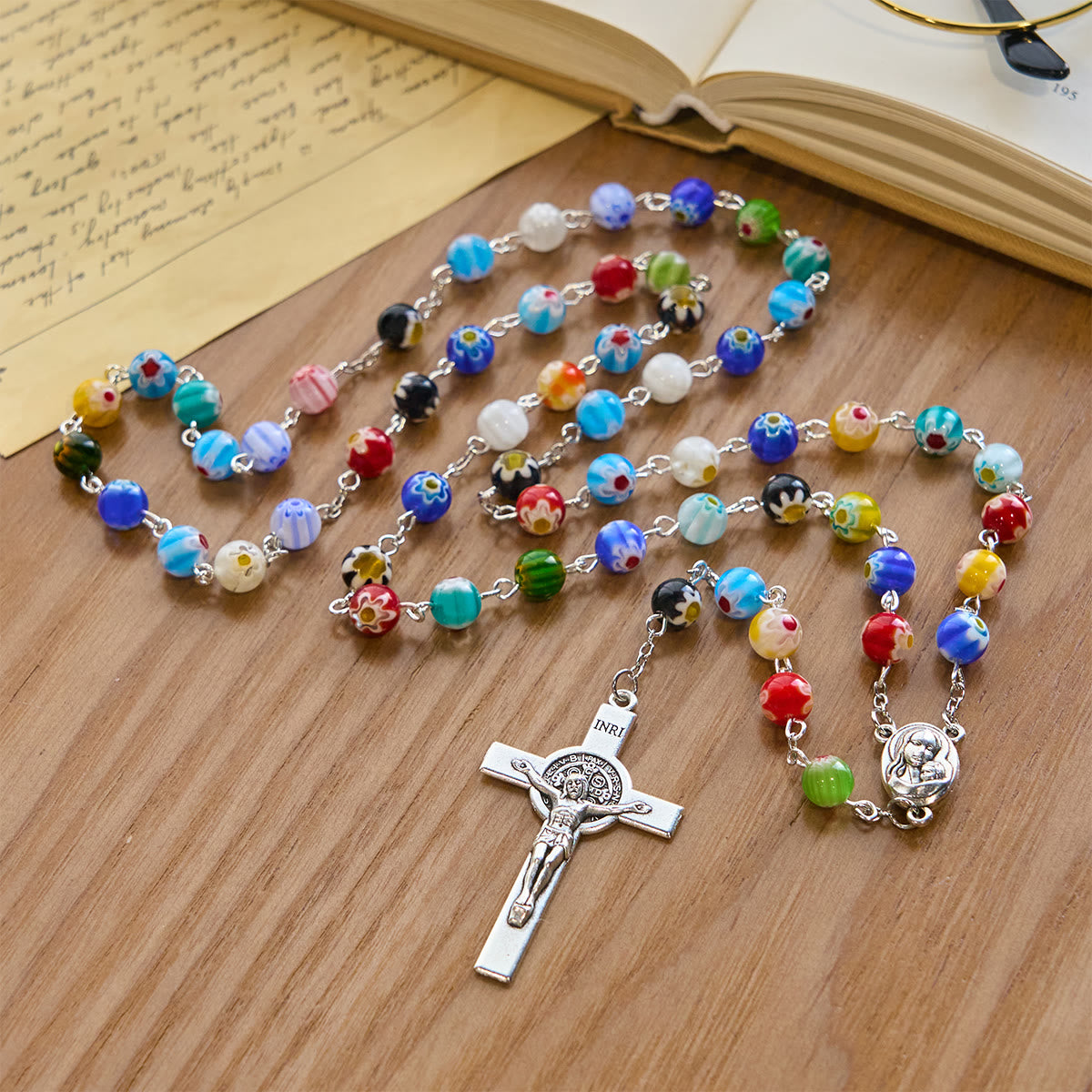 Multicolored Vibrant Flower Pattern Murano Beads Rosary with Madonna and Child