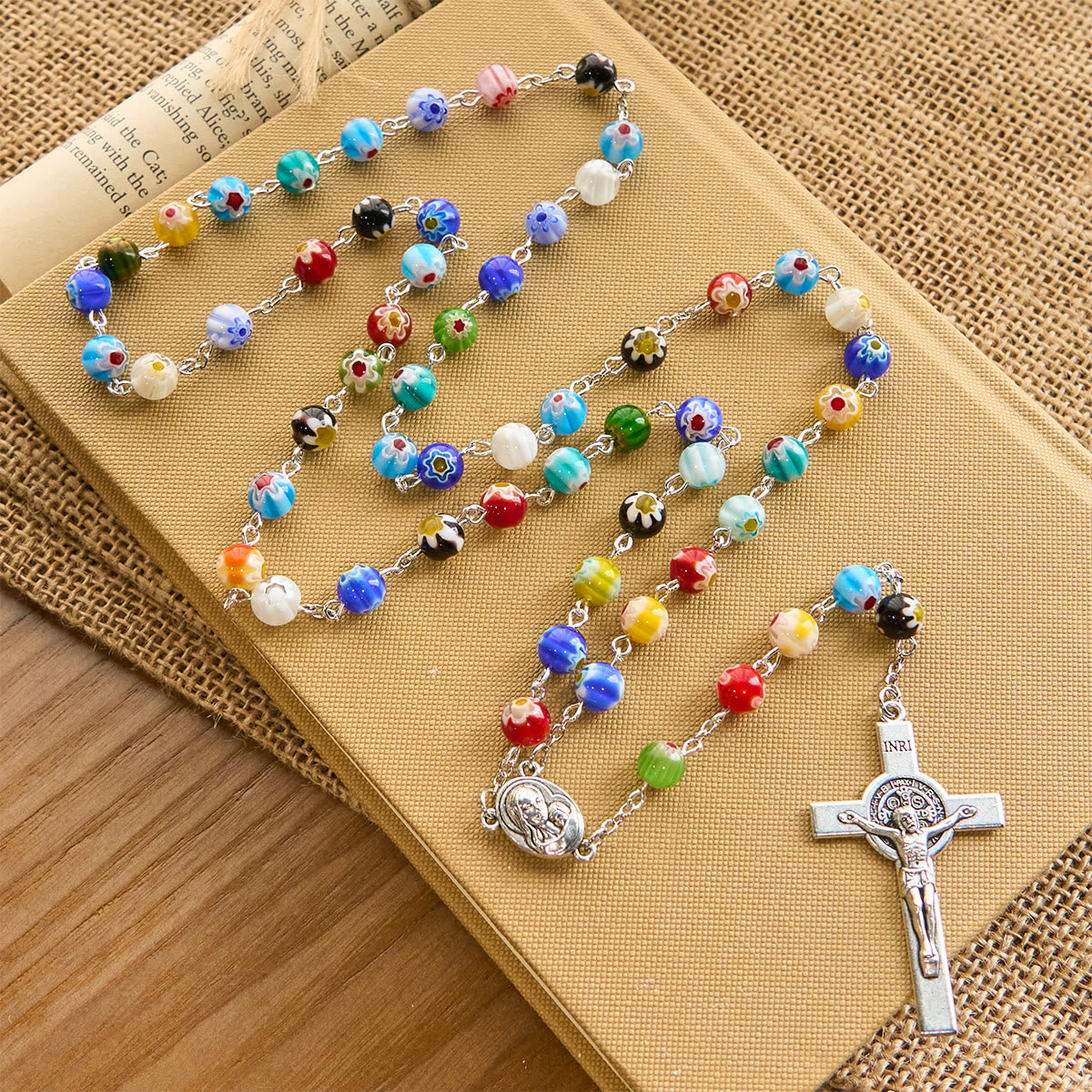 Multicolored Vibrant Flower Pattern Murano Beads Rosary with Madonna and Child