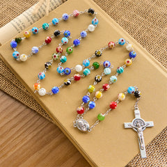 Multicolored Vibrant Flower Pattern Murano Beads Rosary with Madonna and Child