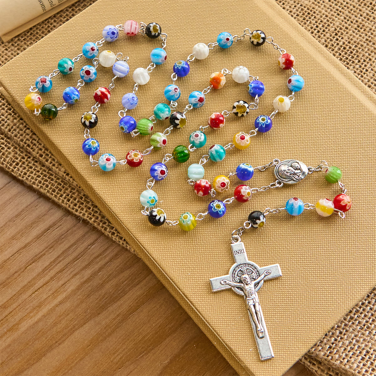 Multicolored Vibrant Flower Pattern Murano Beads Rosary with Madonna and Child
