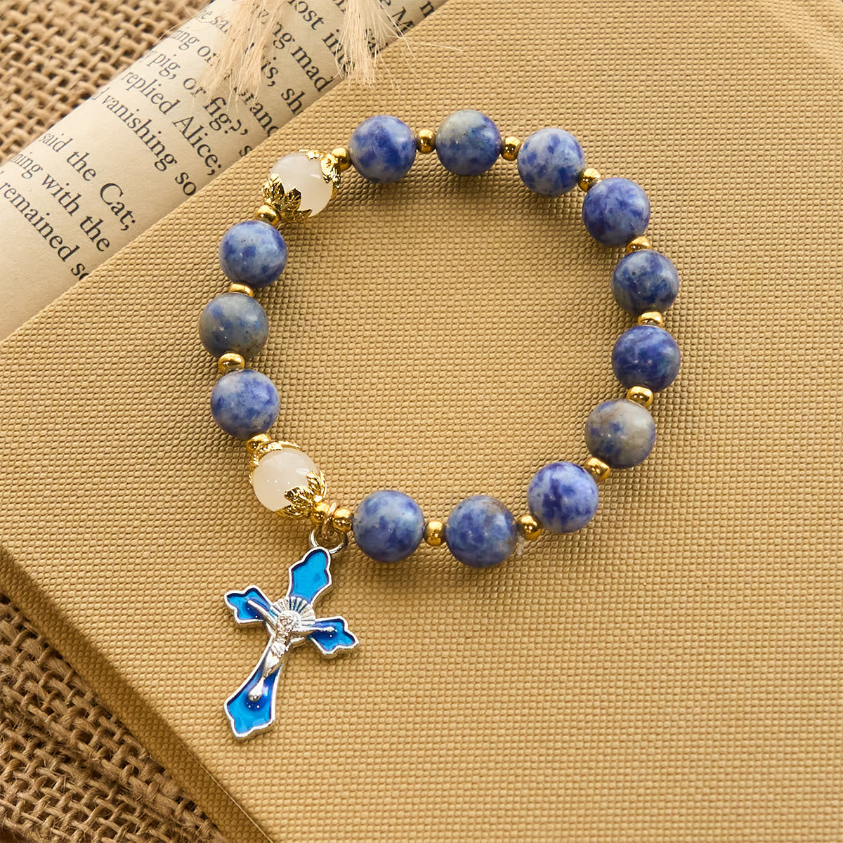 Serene Textured Blue Stone Bracelet with Blue Enamel Crucifix