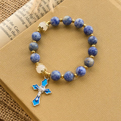 Serene Textured Blue Stone Bracelet with Blue Enamel Crucifix