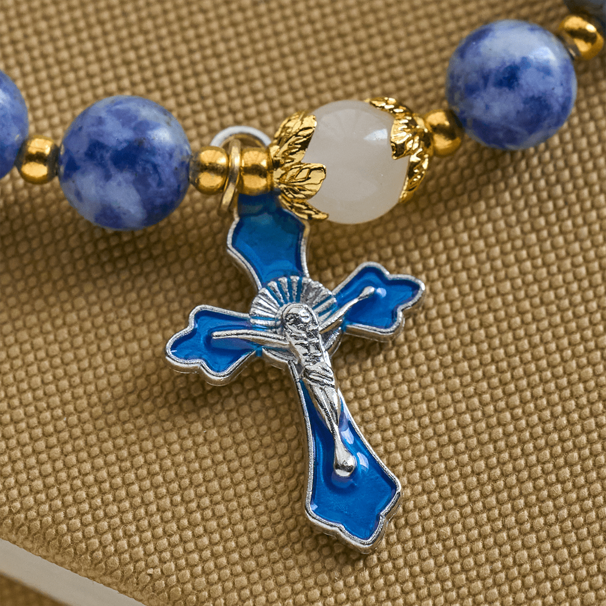 Serene Textured Blue Stone Bracelet with Blue Enamel Crucifix