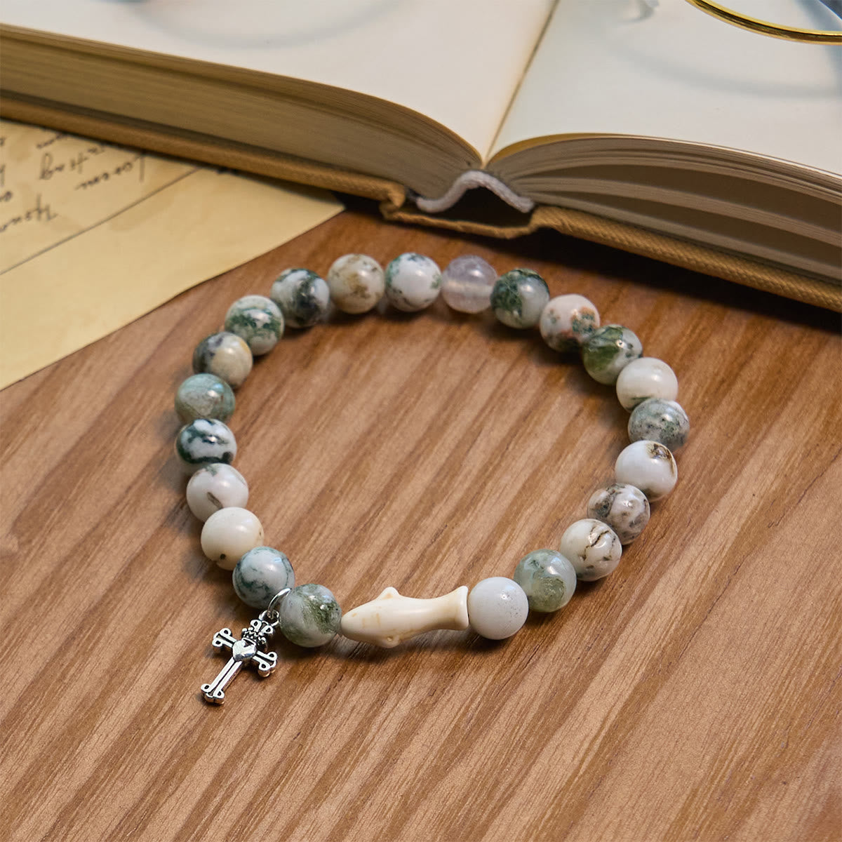 Waves of Grace Shark Guardian Cross and Natural Volcanic Agate Stones Animal Bracelet