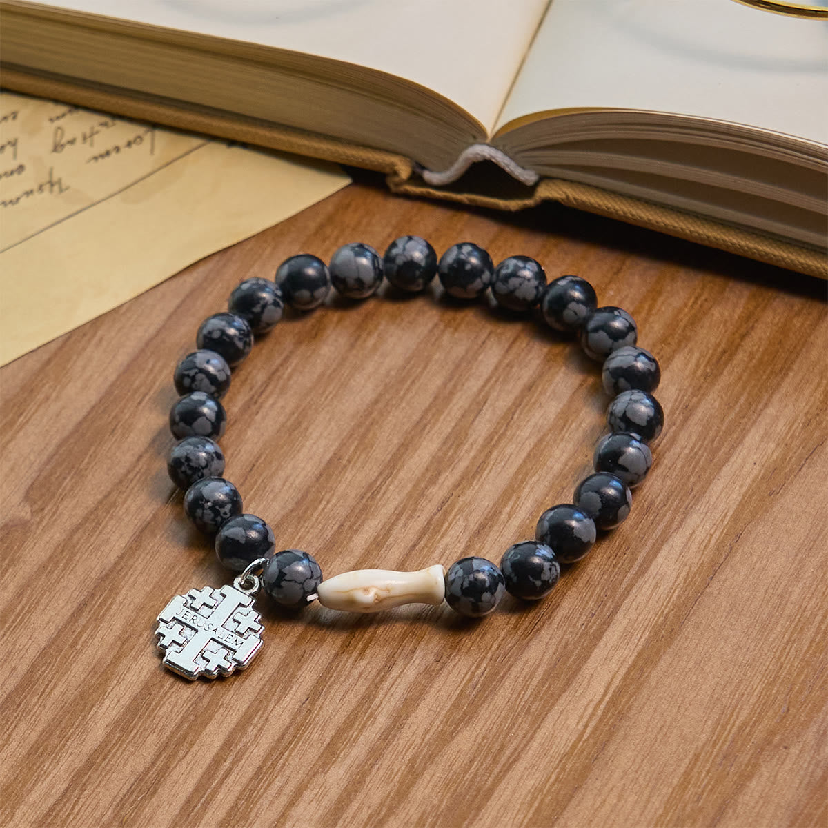 Waves of Grace Shark Guardian Cross and Natural Volcanic Agate Stones Animal Bracelet