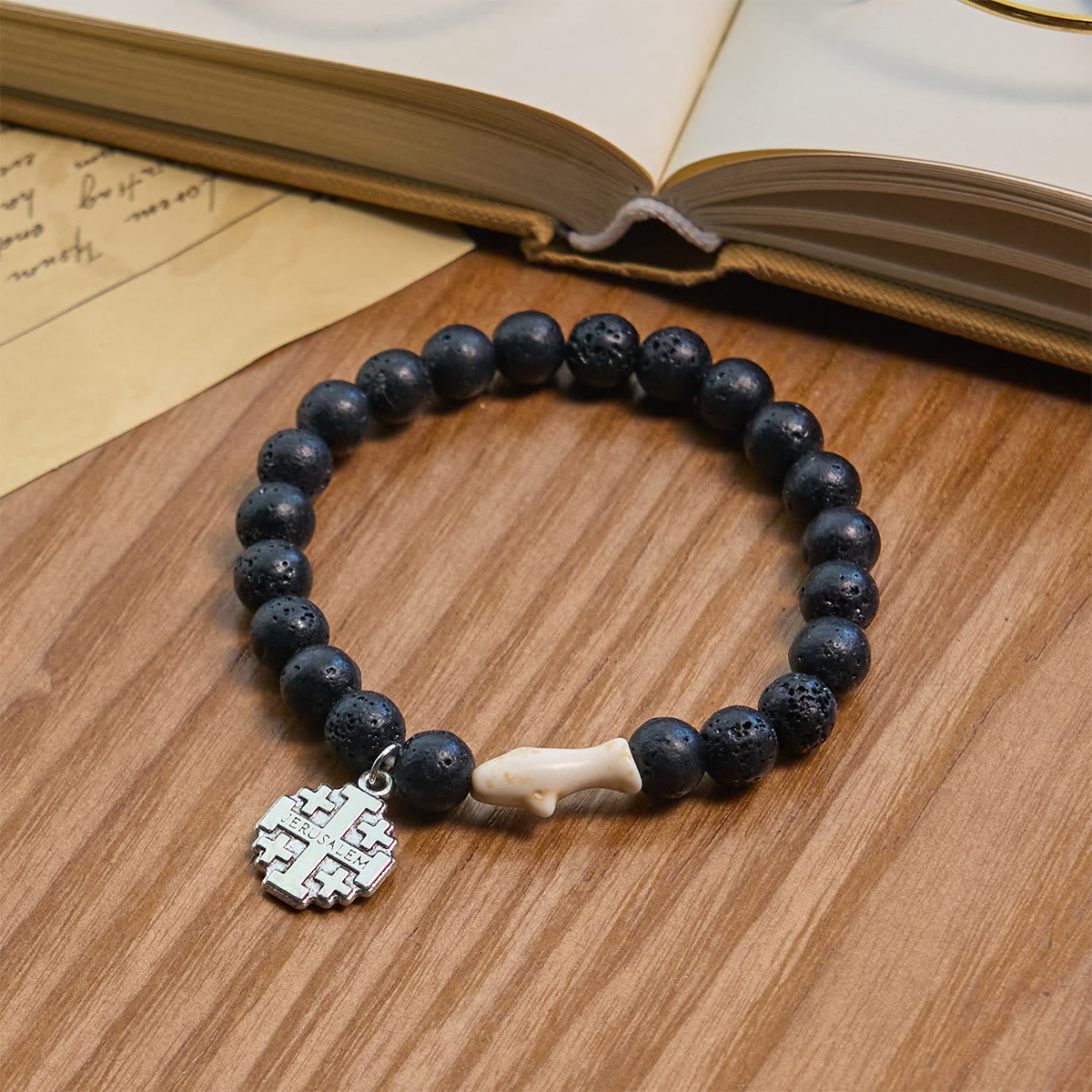 Waves of Grace Shark Guardian Cross and Natural Volcanic Agate Stones Animal Bracelet