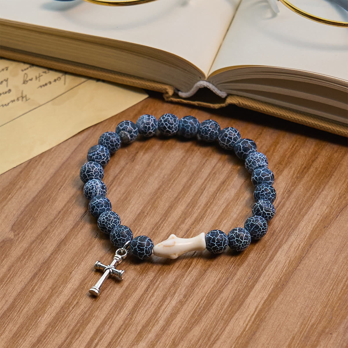 Waves of Grace Shark Guardian Cross and Natural Volcanic Agate Stones Animal Bracelet