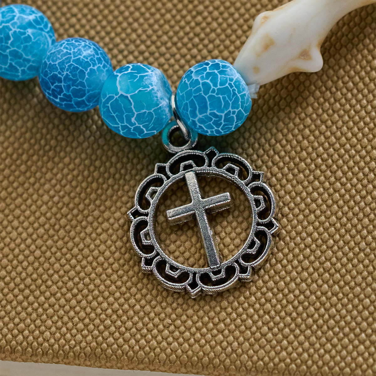 Waves of Grace Shark Guardian Cross and Natural Volcanic Agate Stones Animal Bracelet