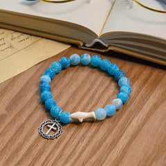 Waves of Grace Shark Guardian Cross and Natural Volcanic Agate Stones Animal Bracelet