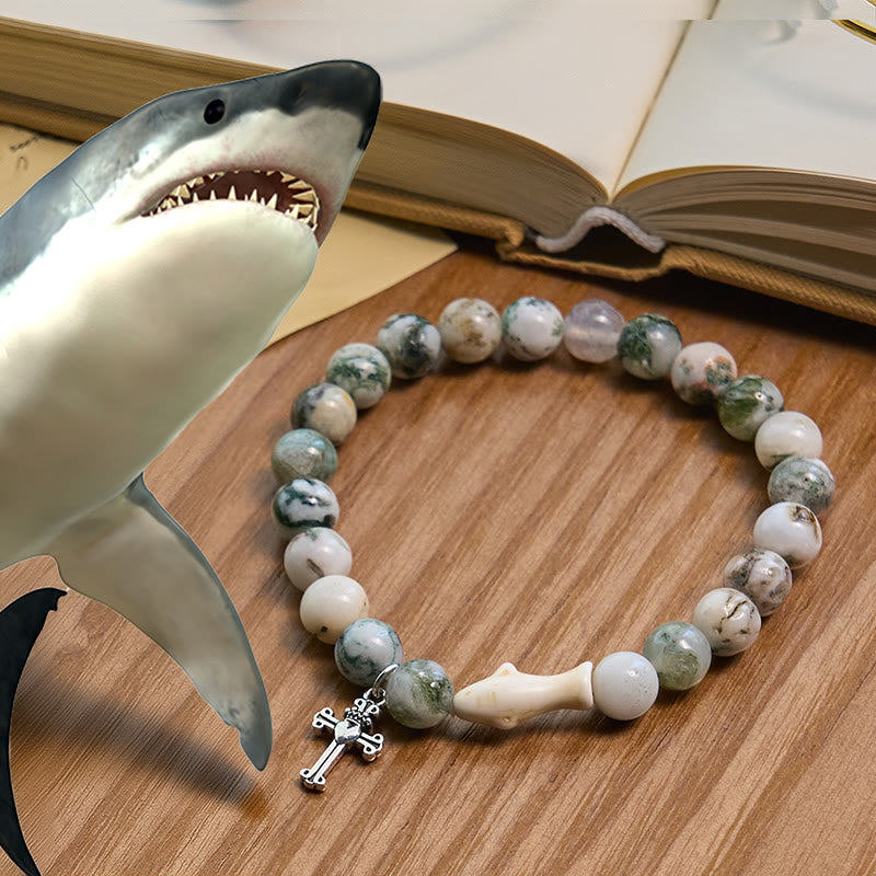 Waves of Grace Shark Guardian Cross and Natural Volcanic Agate Stones Animal Bracelet