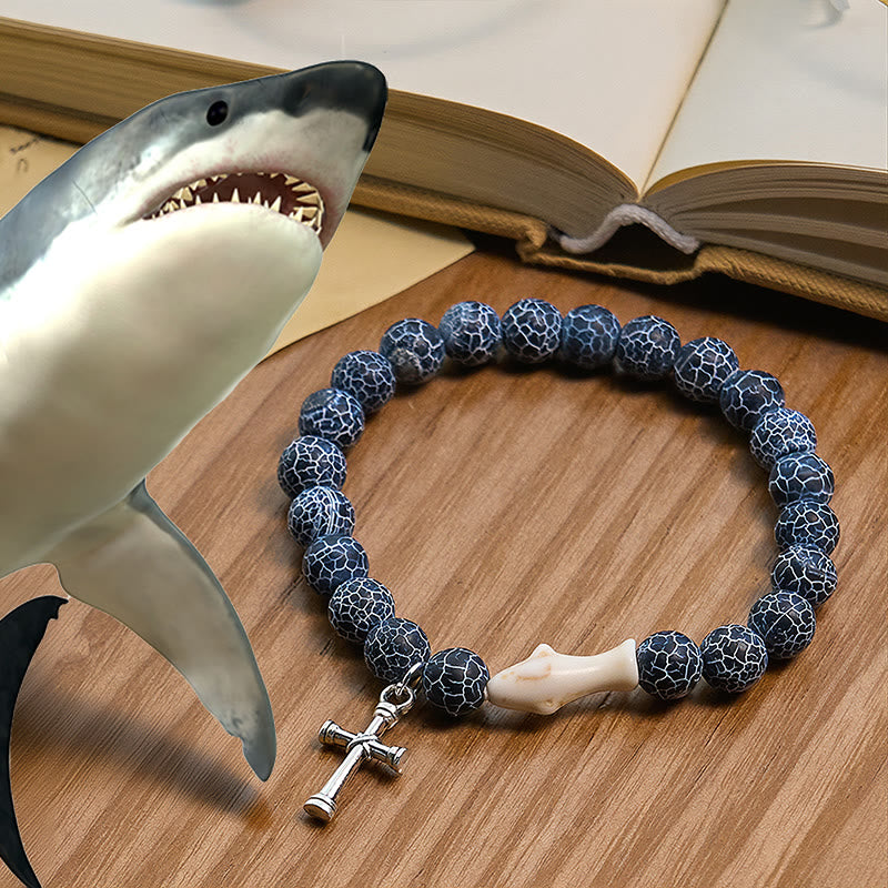 Waves of Grace Shark Guardian Cross and Natural Volcanic Agate Stones Animal Bracelet