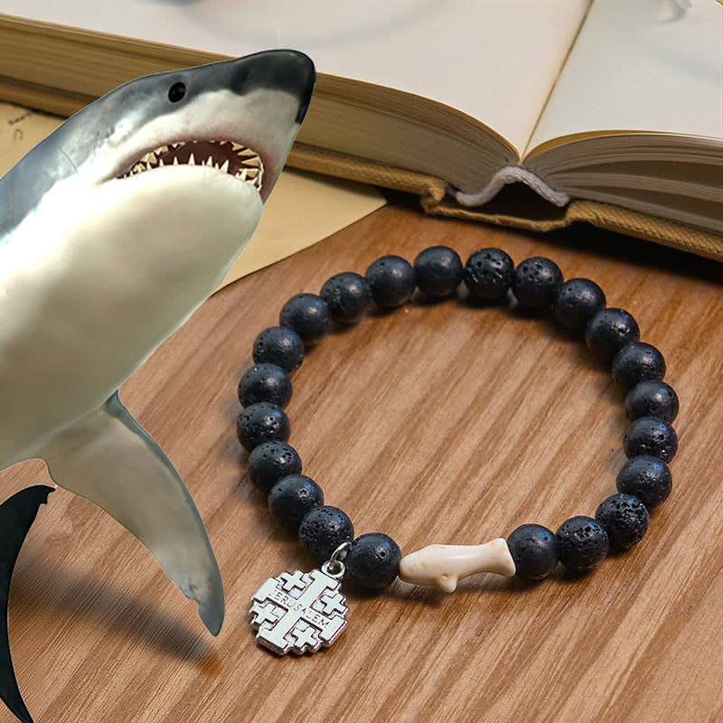 Waves of Grace Shark Guardian Cross and Natural Volcanic Agate Stones Animal Bracelet