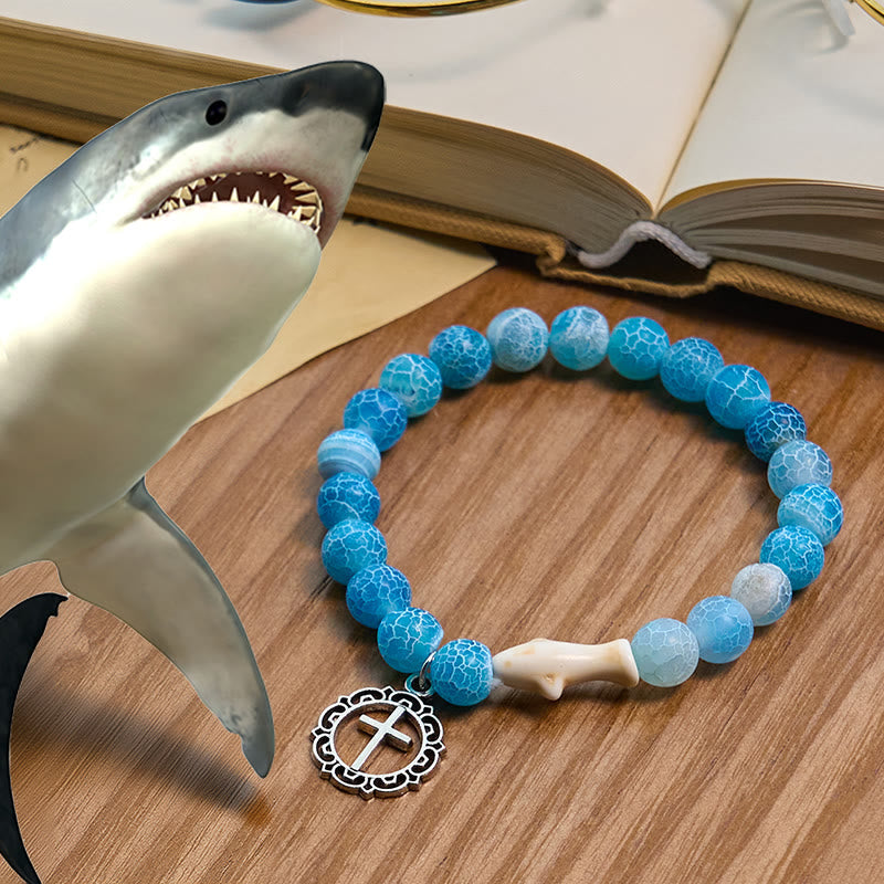 Waves of Grace Shark Guardian Cross and Natural Volcanic Agate Stones Animal Bracelet