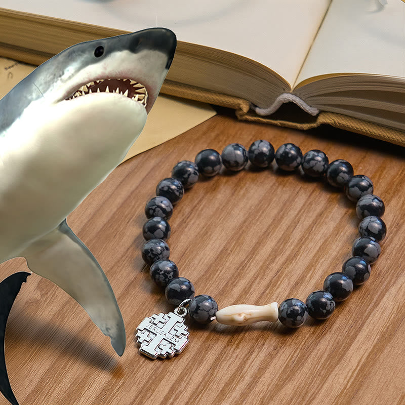 Waves of Grace Shark Guardian Cross and Natural Volcanic Agate Stones Animal Bracelet