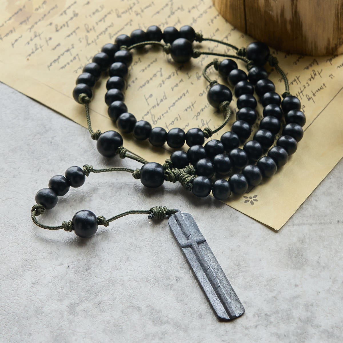 Rustic-Contemporary Cross of 8 mm Round Natural Wood Beads Rope Weaving Chain Rosary