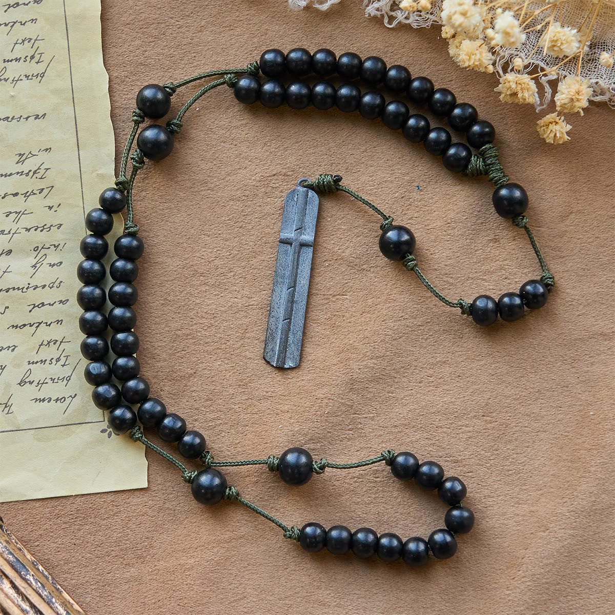 Rustic-Contemporary Cross of 8 mm Round Natural Wood Beads Rope Weaving Chain Rosary