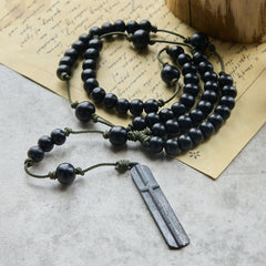 Rustic-Contemporary Cross of 8 mm Round Natural Wood Beads Rope Weaving Chain Rosary