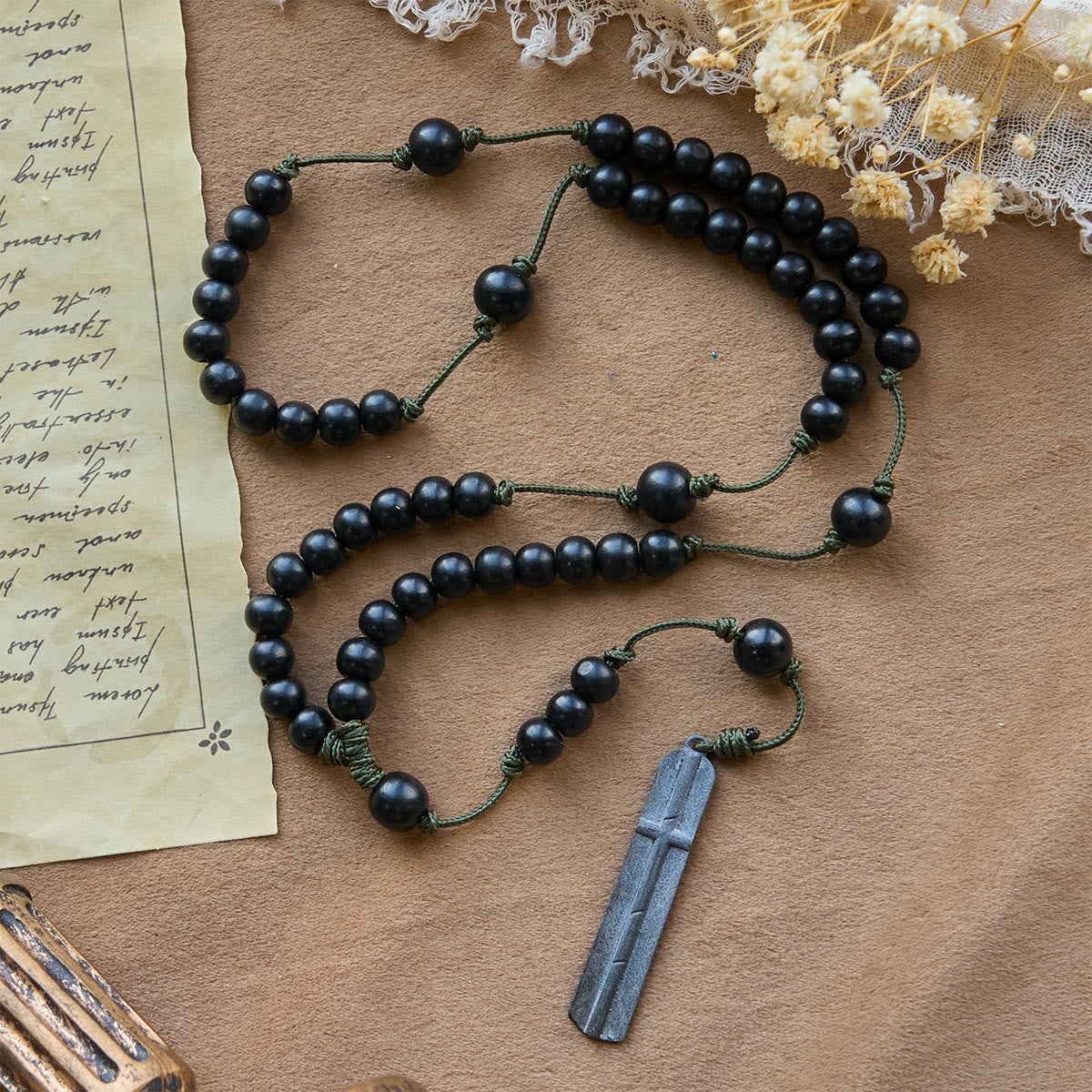 Rustic-Contemporary Cross of 8 mm Round Natural Wood Beads Rope Weaving Chain Rosary