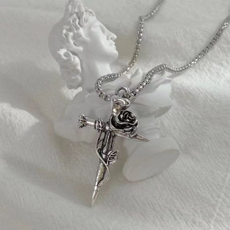 Rose Wrapped Cross Faith Necklace with Gothic Floral Design
