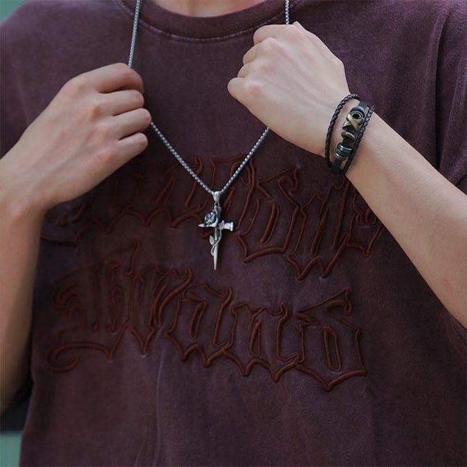 Rose Wrapped Cross Faith Necklace with Gothic Floral Design