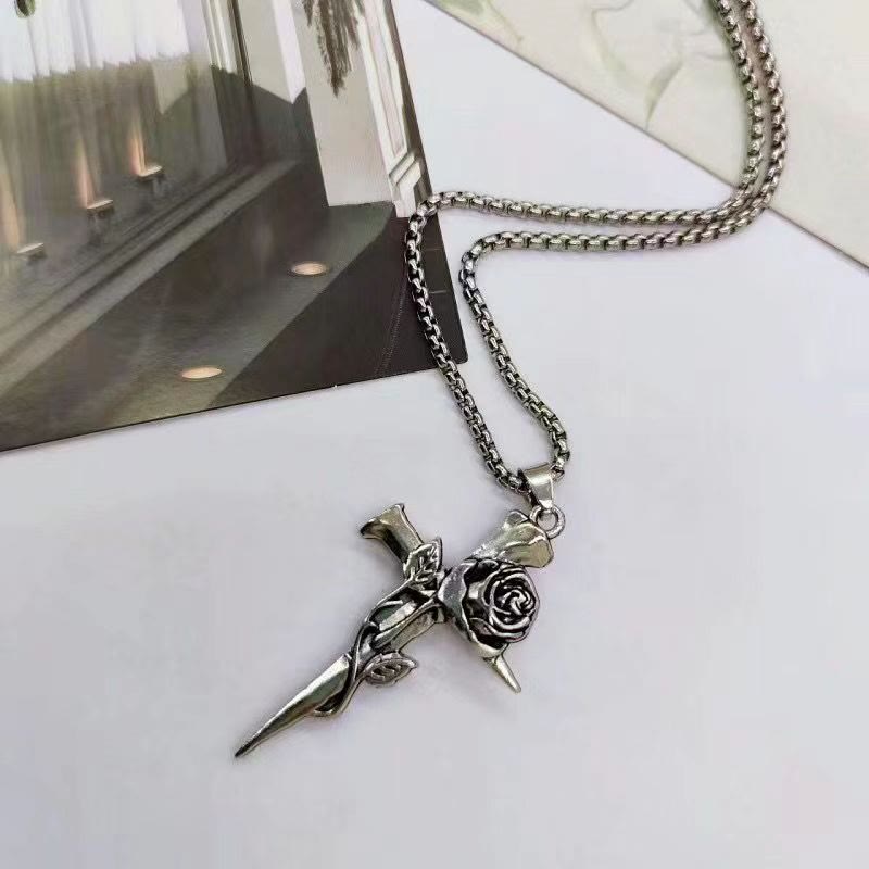 Rose Wrapped Cross Faith Necklace with Gothic Floral Design