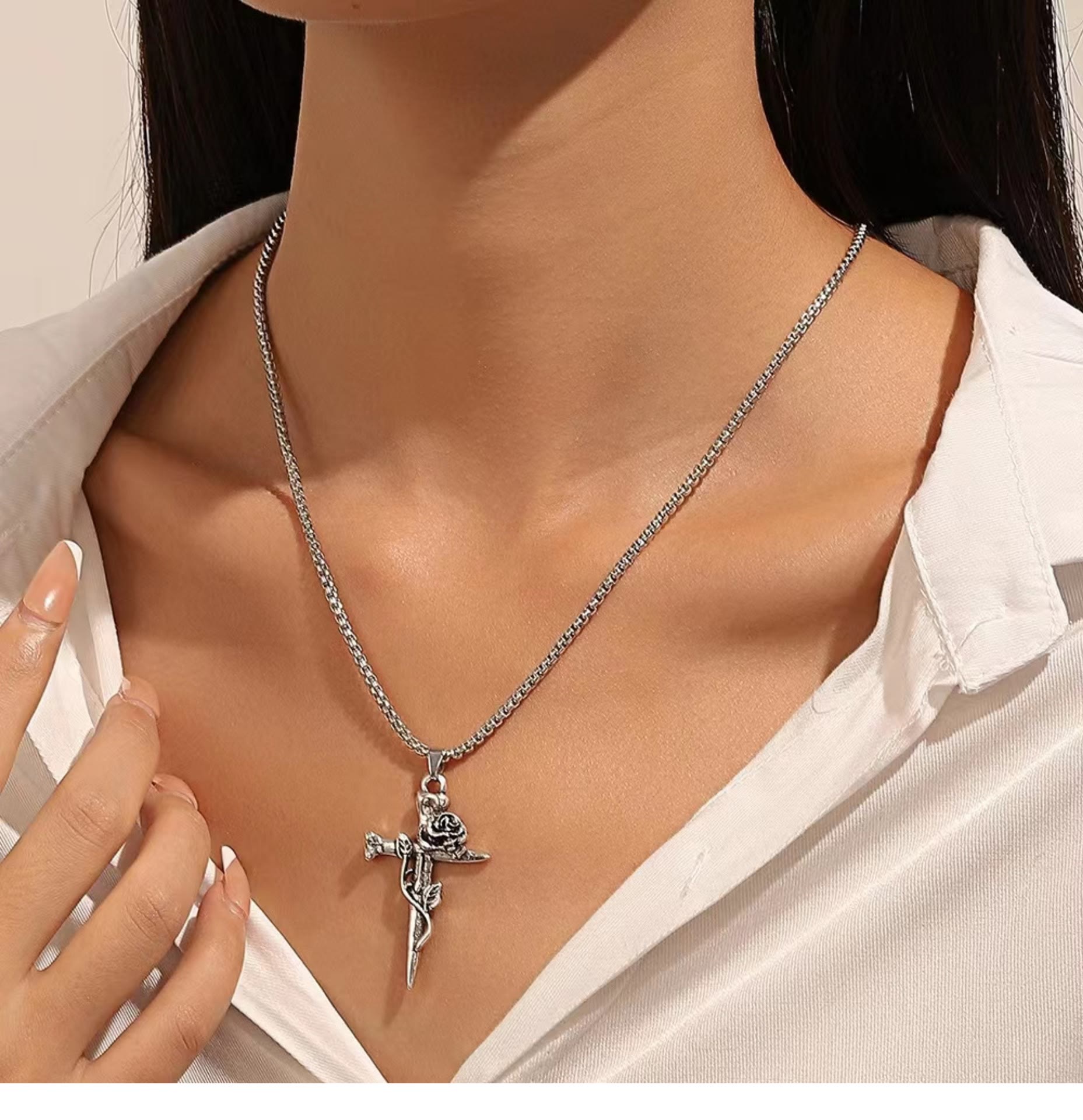 Rose Wrapped Cross Faith Necklace with Gothic Floral Design