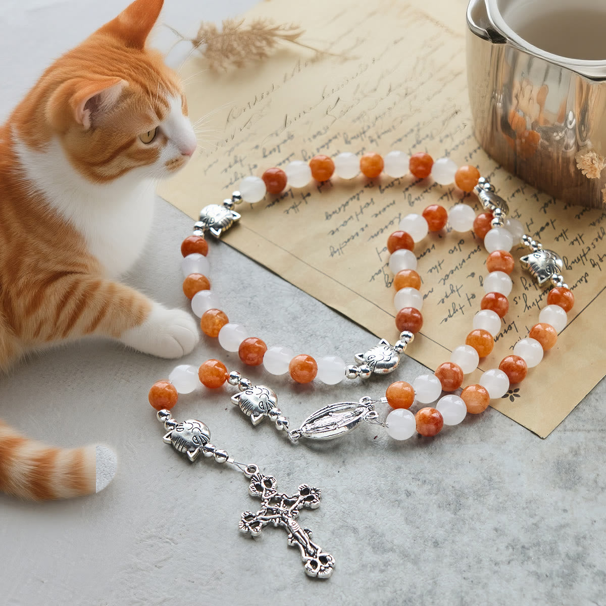 Orange & White Quartz with Cat Face Stainless Steel Charms of Orange Tabby Animal Rosary