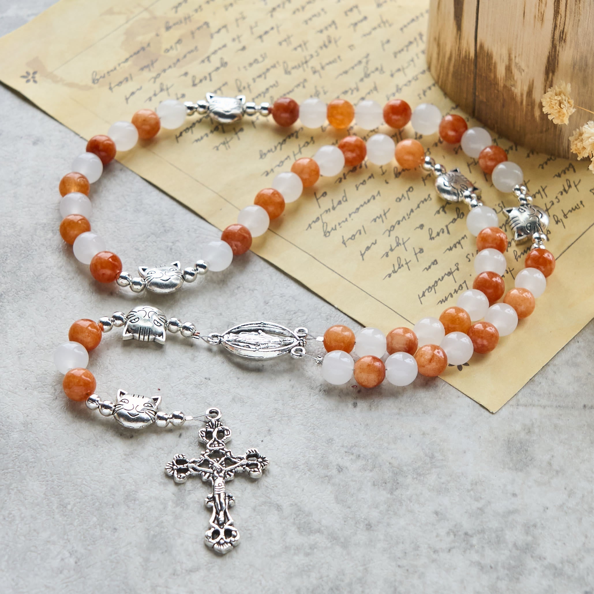 Orange & White Quartz with Cat Face Stainless Steel Charms of Orange Tabby Animal Rosary