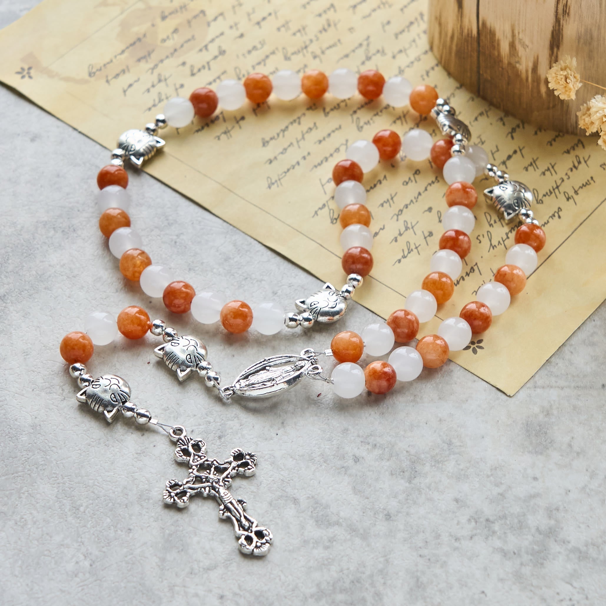 Orange & White Quartz with Cat Face Stainless Steel Charms of Orange Tabby Animal Rosary