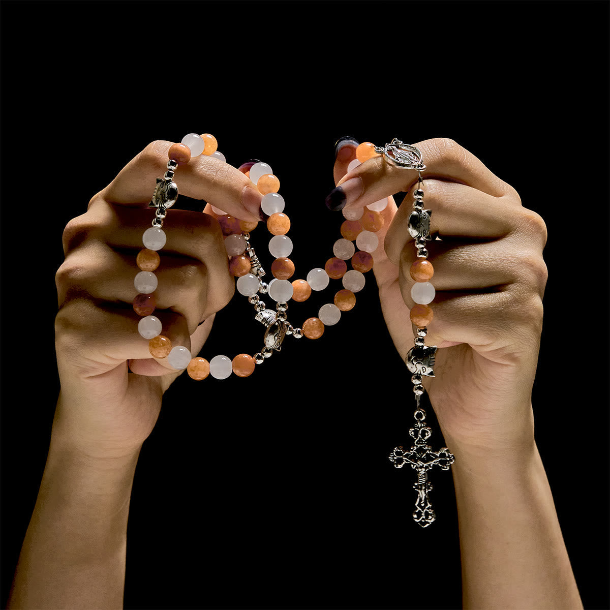 Orange & White Quartz with Cat Face Stainless Steel Charms of Orange Tabby Animal Rosary