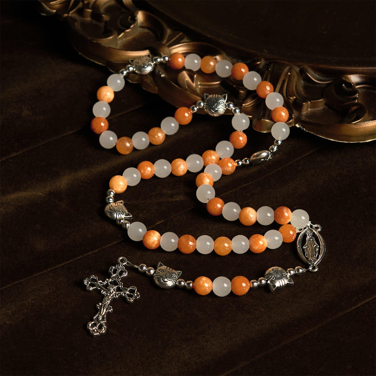 Orange & White Quartz with Cat Face Stainless Steel Charms of Orange Tabby Animal Rosary