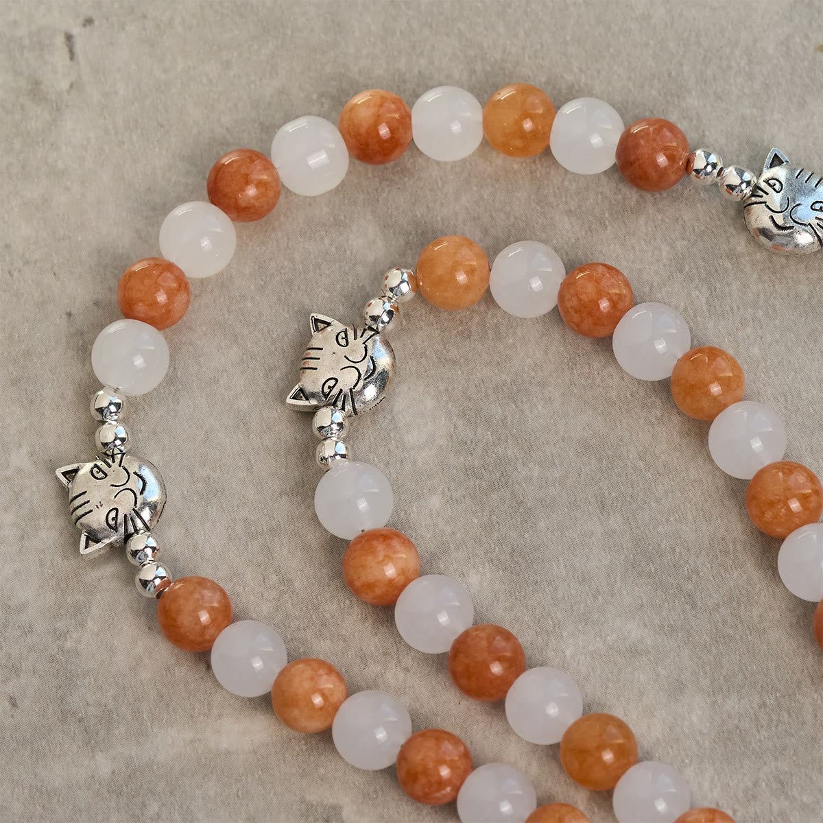 Orange & White Quartz with Cat Face Stainless Steel Charms of Orange Tabby Animal Rosary