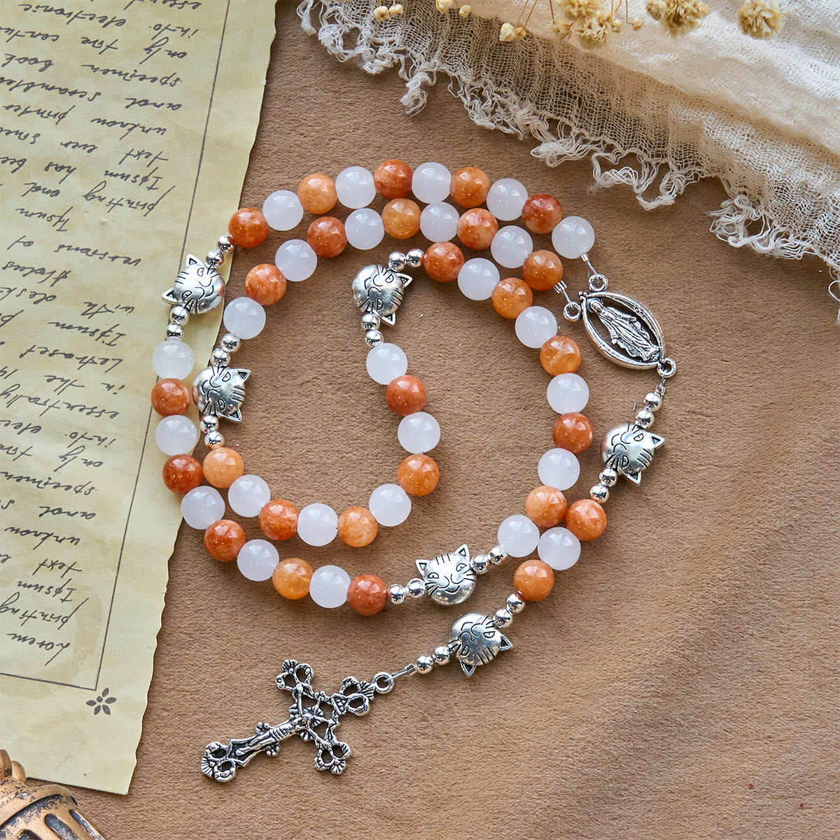 Orange & White Quartz with Cat Face Stainless Steel Charms of Orange Tabby Animal Rosary