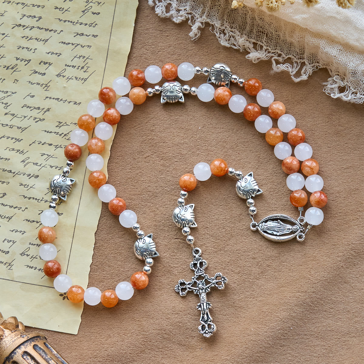 Orange & White Quartz with Cat Face Stainless Steel Charms of Orange Tabby Animal Rosary