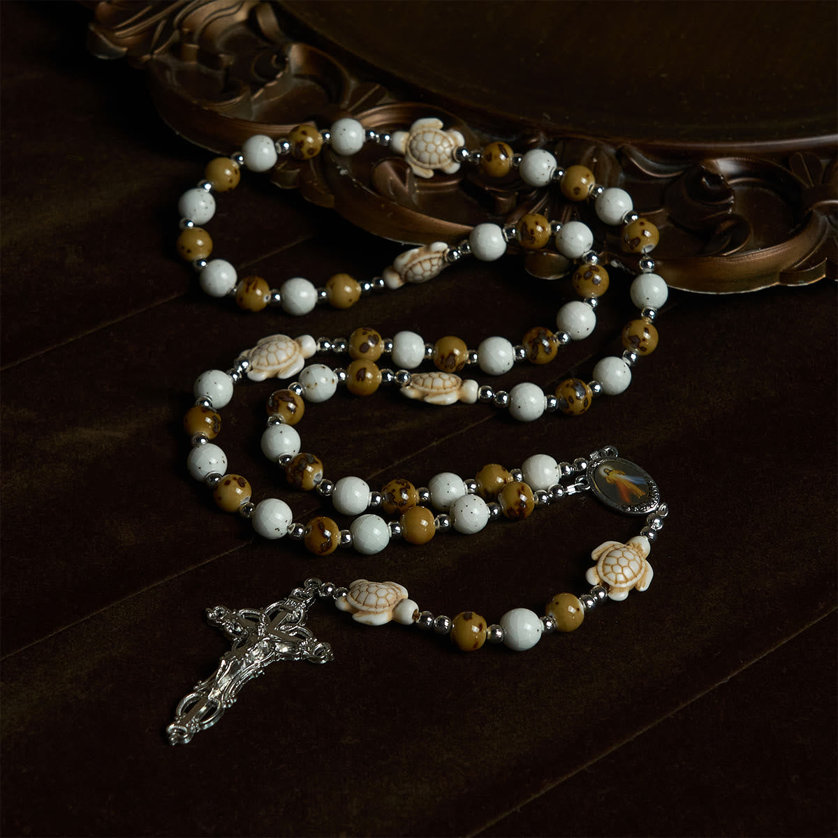 Divine Care Turtle with Warm Yellow Beads and Our Lord's Mercy Animal Rosary