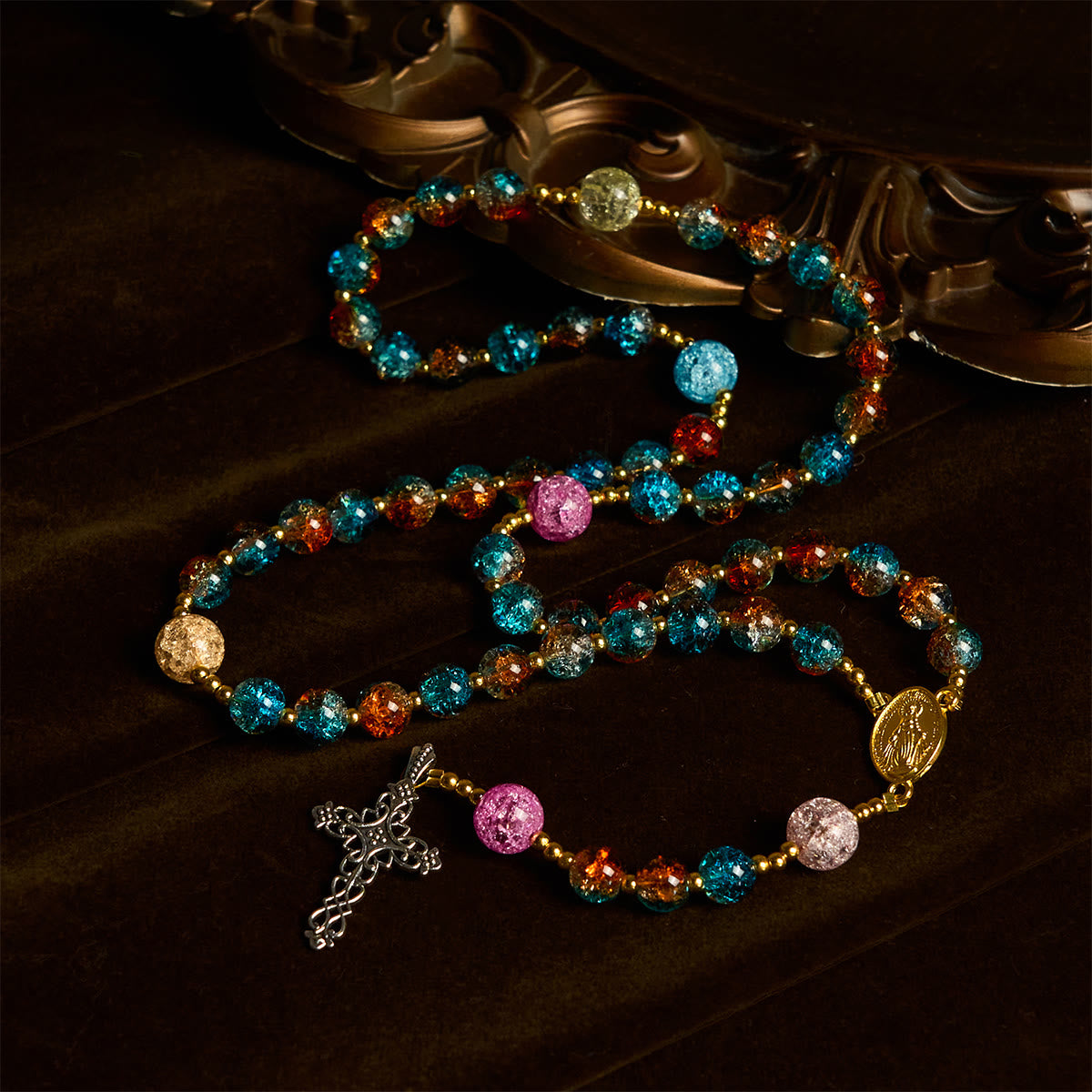 Rainbow of Faith 5-Style MultiColored Shimmering Crackle Glass Rosary