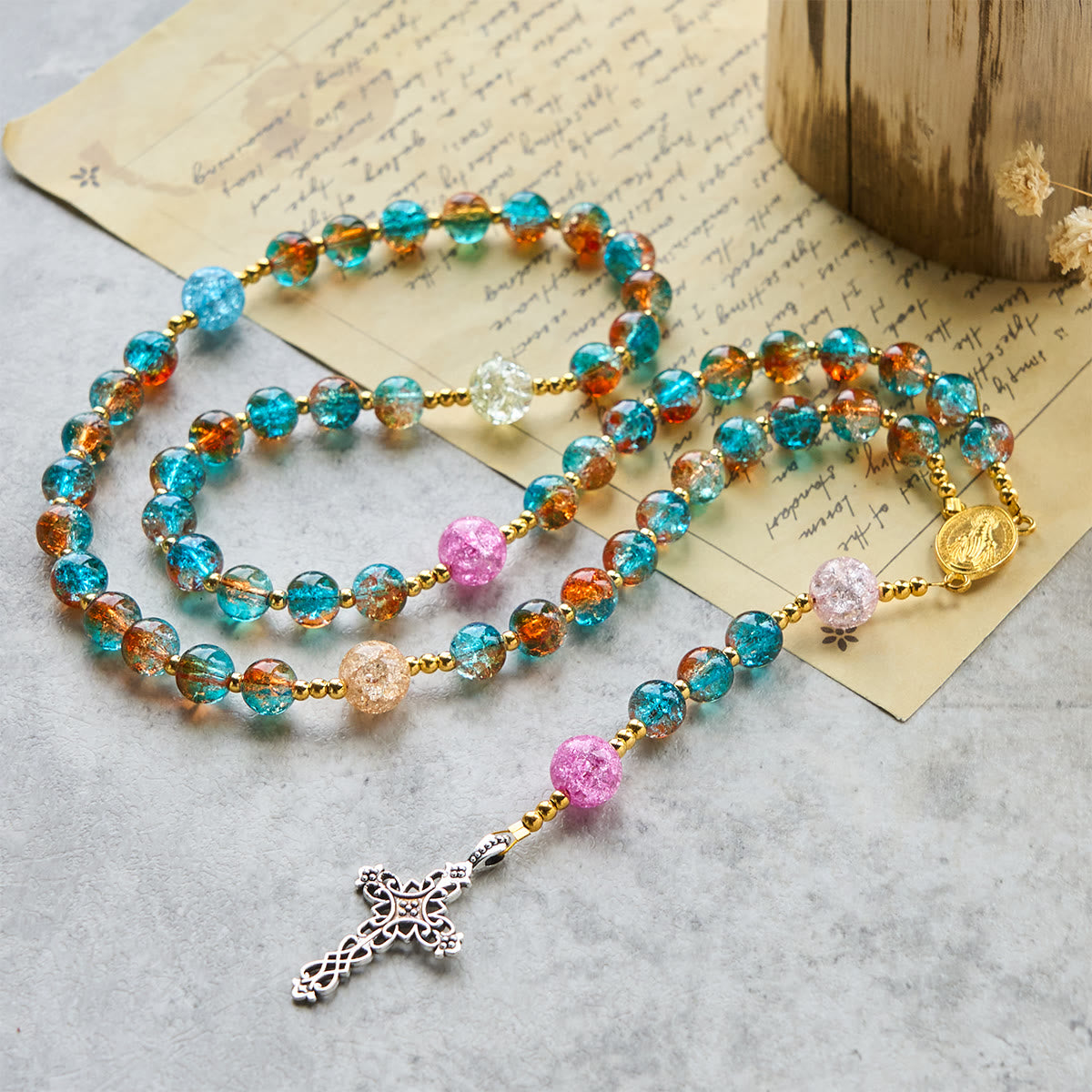Rainbow of Faith 5-Style MultiColored Shimmering Crackle Glass Rosary