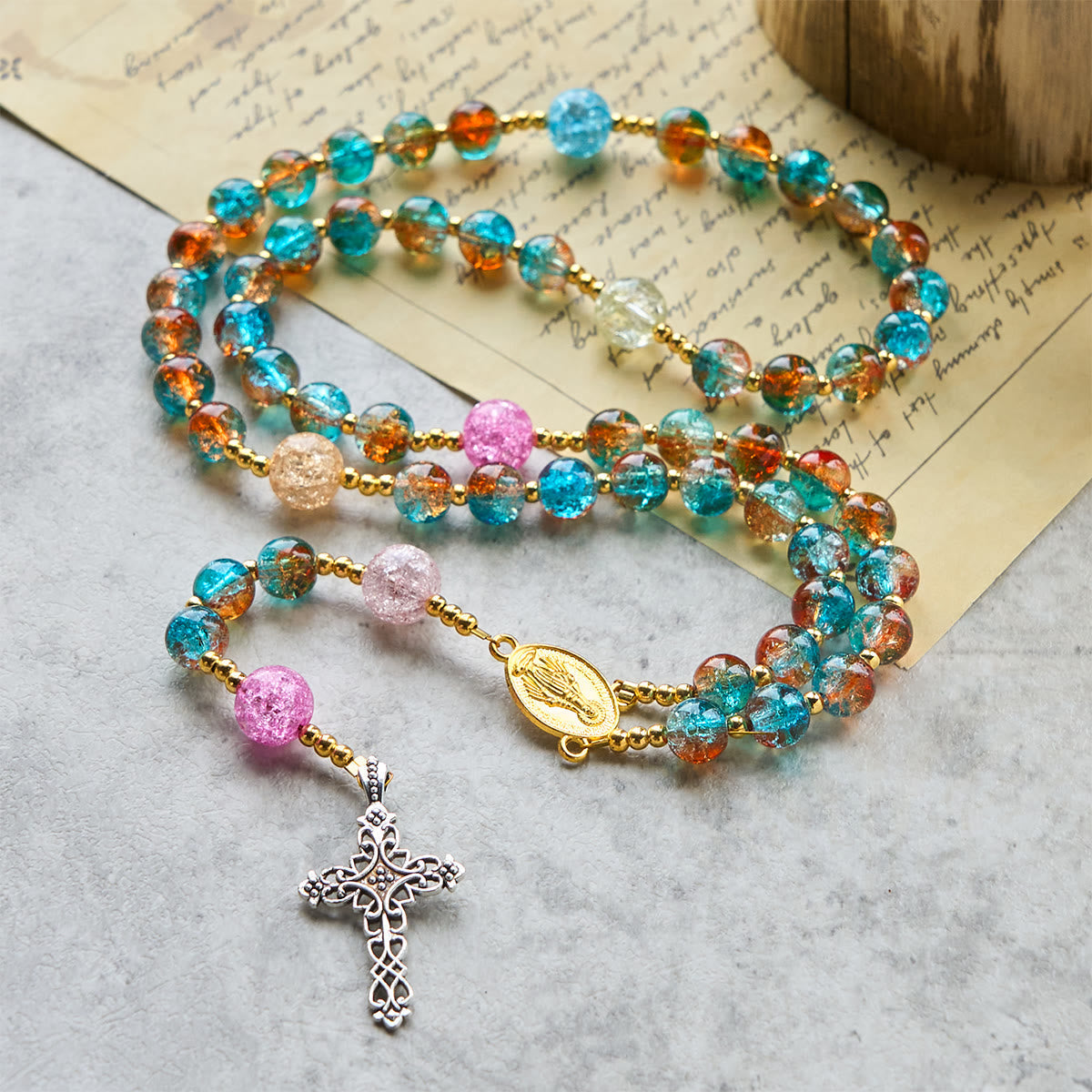 Rainbow of Faith 5-Style MultiColored Shimmering Crackle Glass Rosary