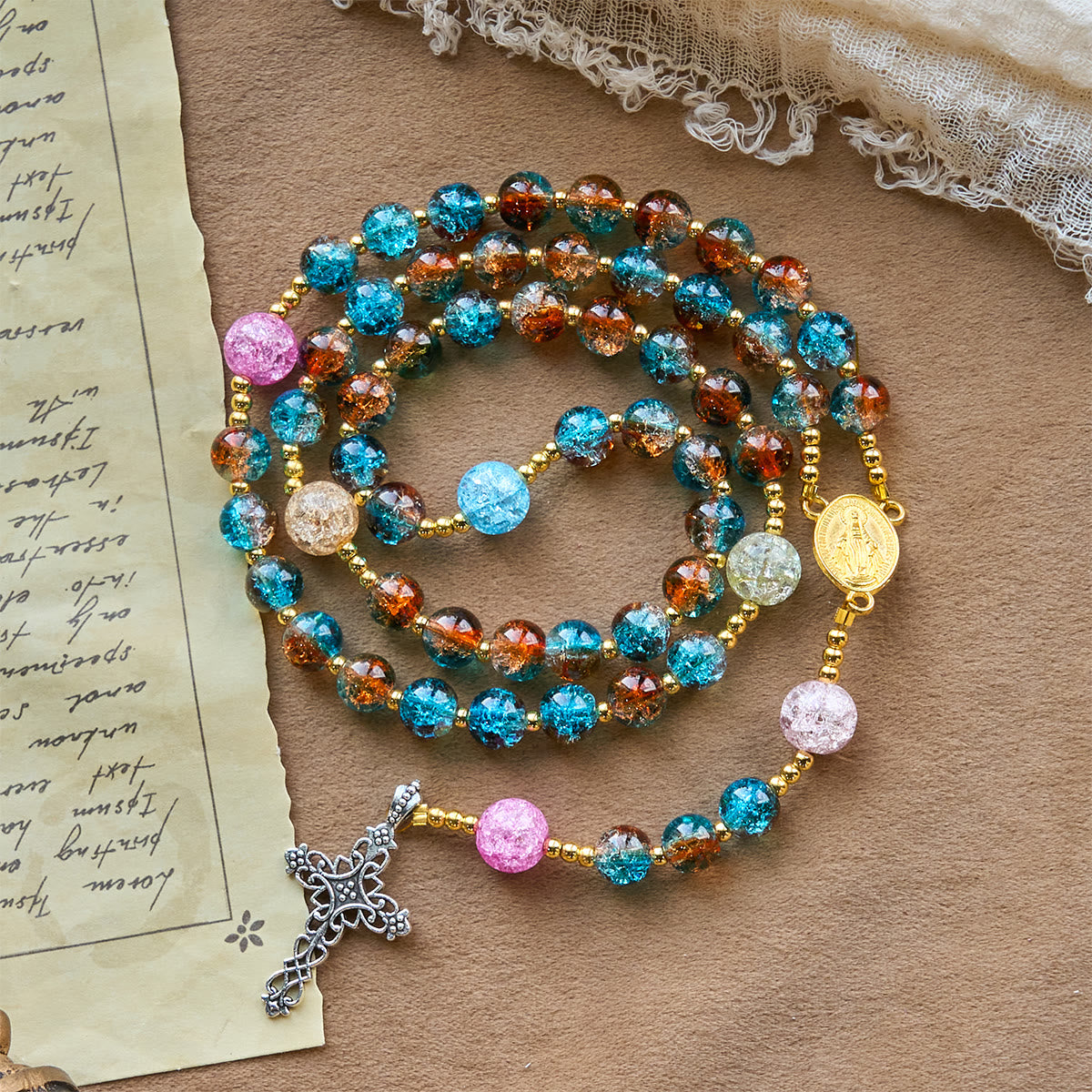 Rainbow of Faith 5-Style MultiColored Shimmering Crackle Glass Rosary