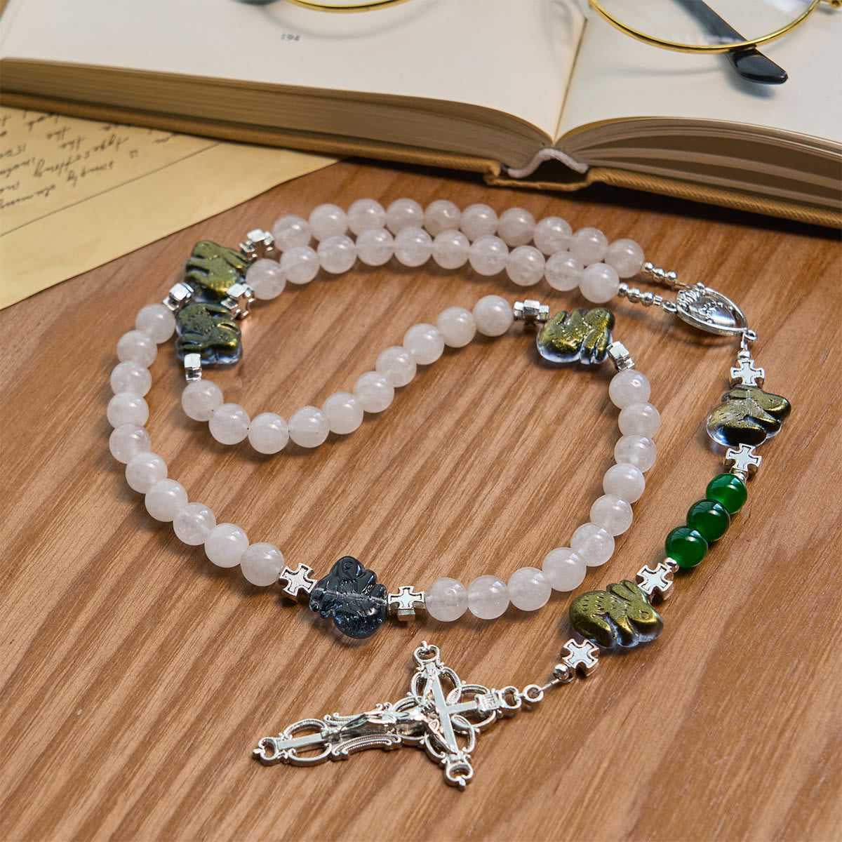 Sacred Heart Blessings with Rabbit Charms and White-Green Beads Animal Rosary