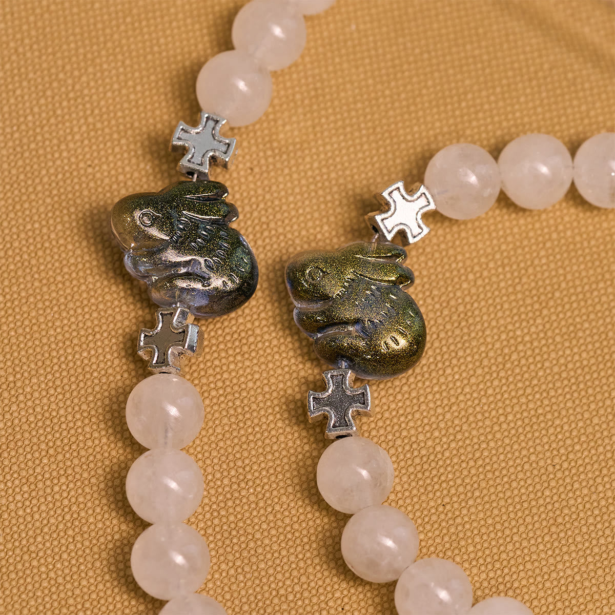 Sacred Heart Blessings with Rabbit Charms and White-Green Beads Animal Rosary