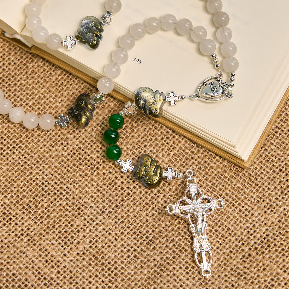 Sacred Heart Blessings with Rabbit Charms and White-Green Beads Animal Rosary