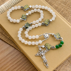 Sacred Heart Blessings with Rabbit Charms and White-Green Beads Animal Rosary
