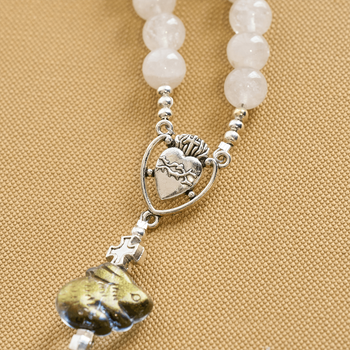 Sacred Heart Blessings with Rabbit Charms and White-Green Beads Animal Rosary